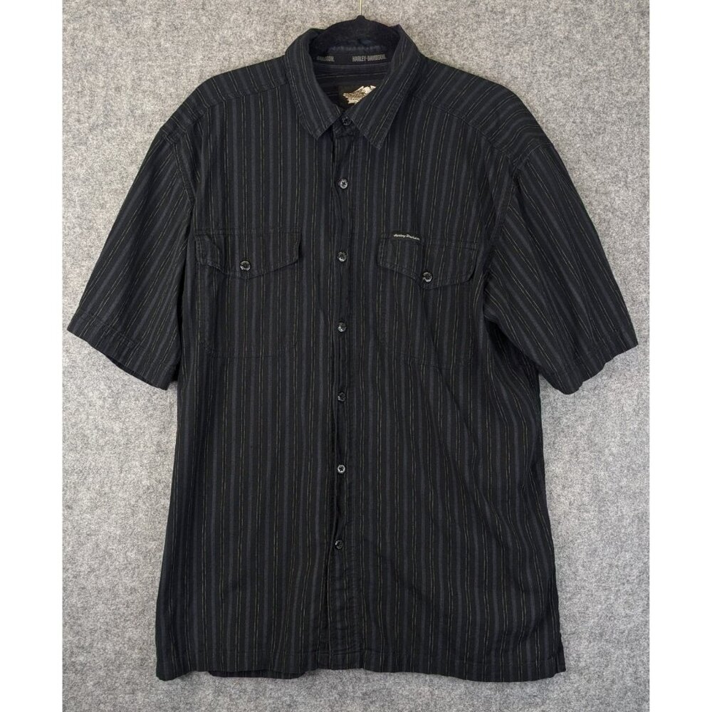 Harley Davidson Mens Mechanic Shirt Large Black Striped Button Up Short Sleeve